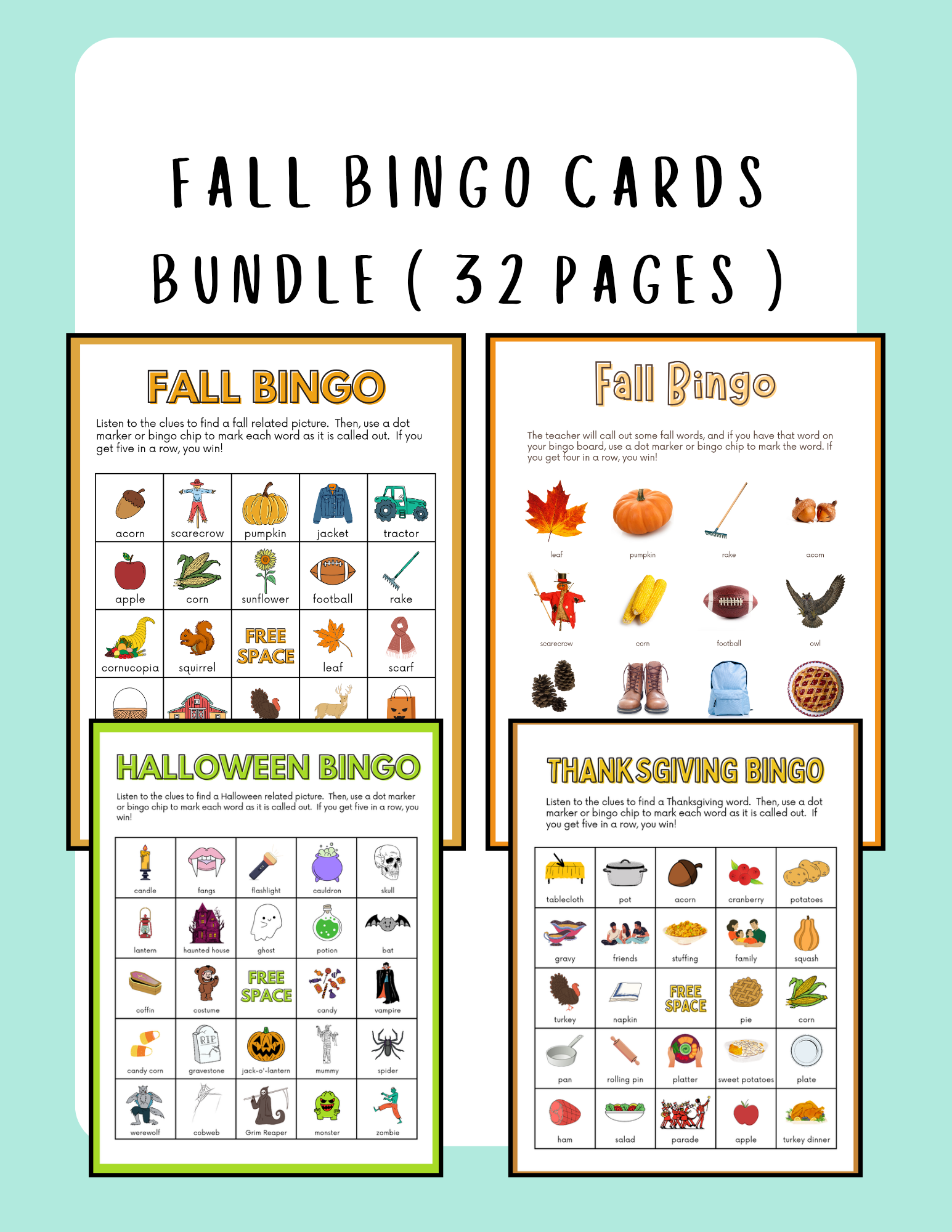Fall Bingo Bundle | Autumn, Halloween & Thanksgiving Bingo Games | Preschool, Pre-K, Kindergarten preview
