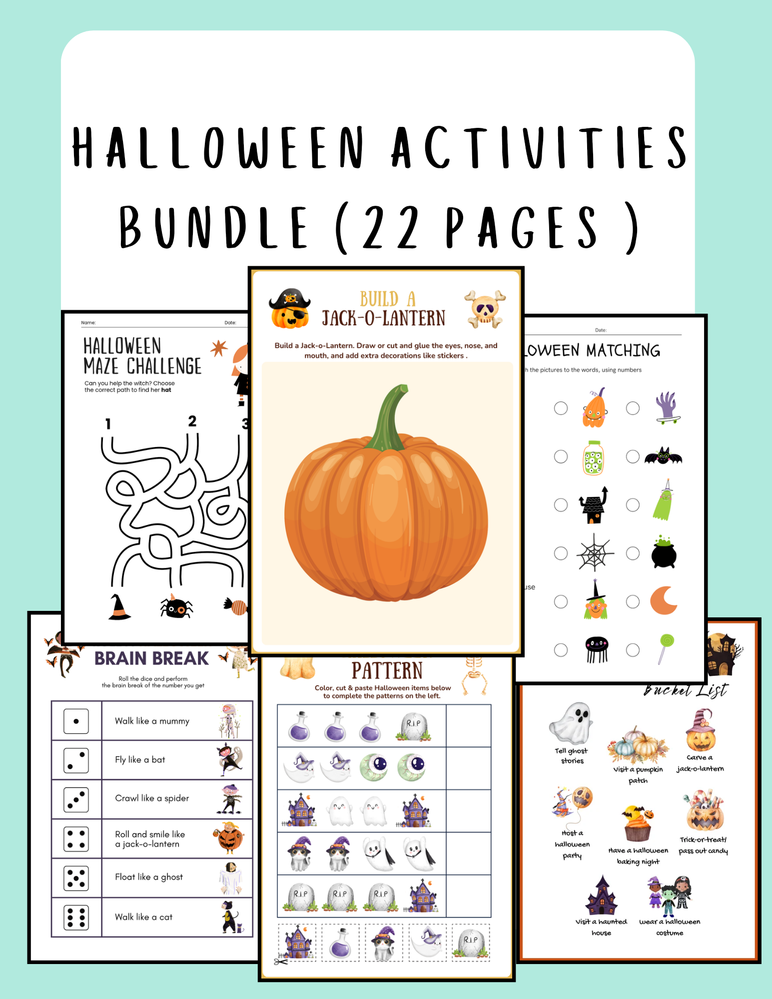 Halloween Activities Bundle | Mazes, Patterns, Matching, Crafts, Coloring preview